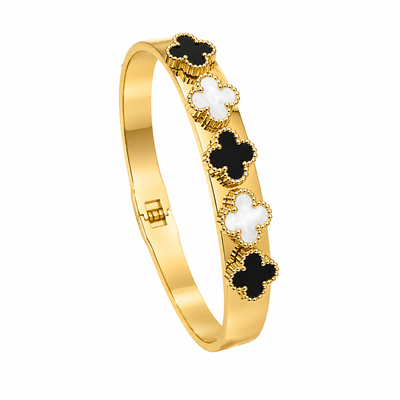 Anti Tarnish Gold Black White Clover Cuff Bracelet