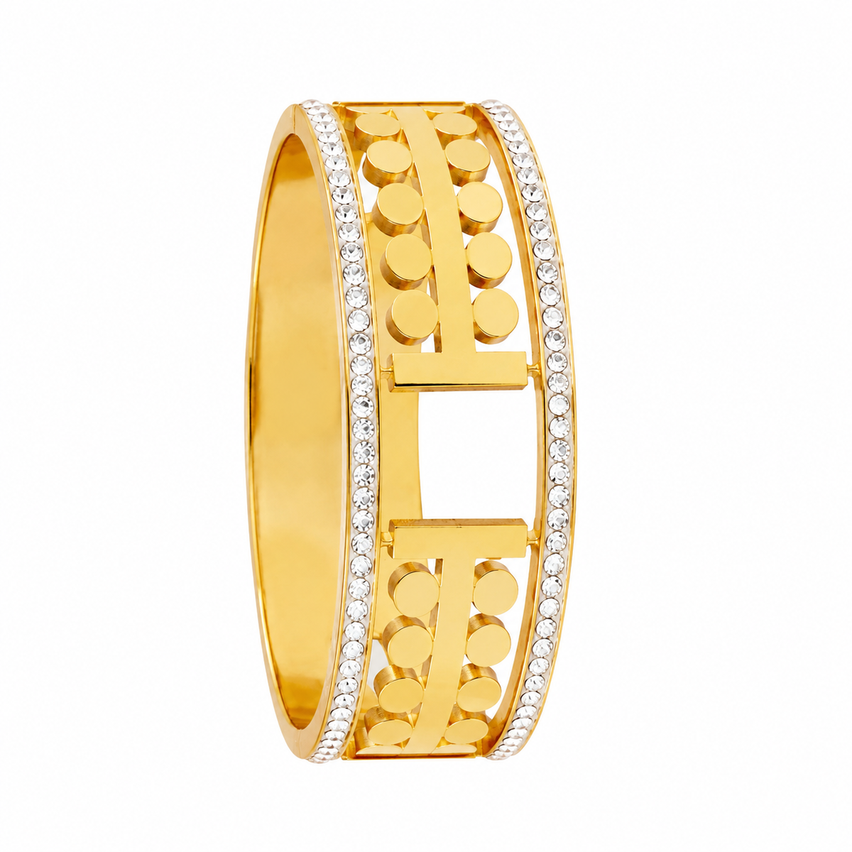 Anti Tarnish Gold Wide Cuff Bracelet with Crystal Edges