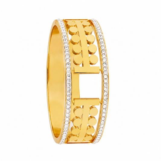 Anti Tarnish Gold Wide Cuff Bracelet with Crystal Edges