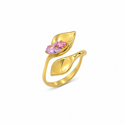 Anti Tarnish Gold Leaf Pink Stone Statement Ring