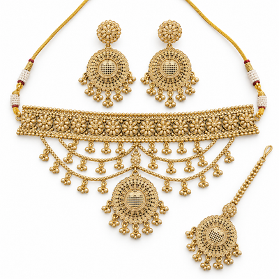 Antique Gold Pearl Choker Necklace Set With Maang Tikka