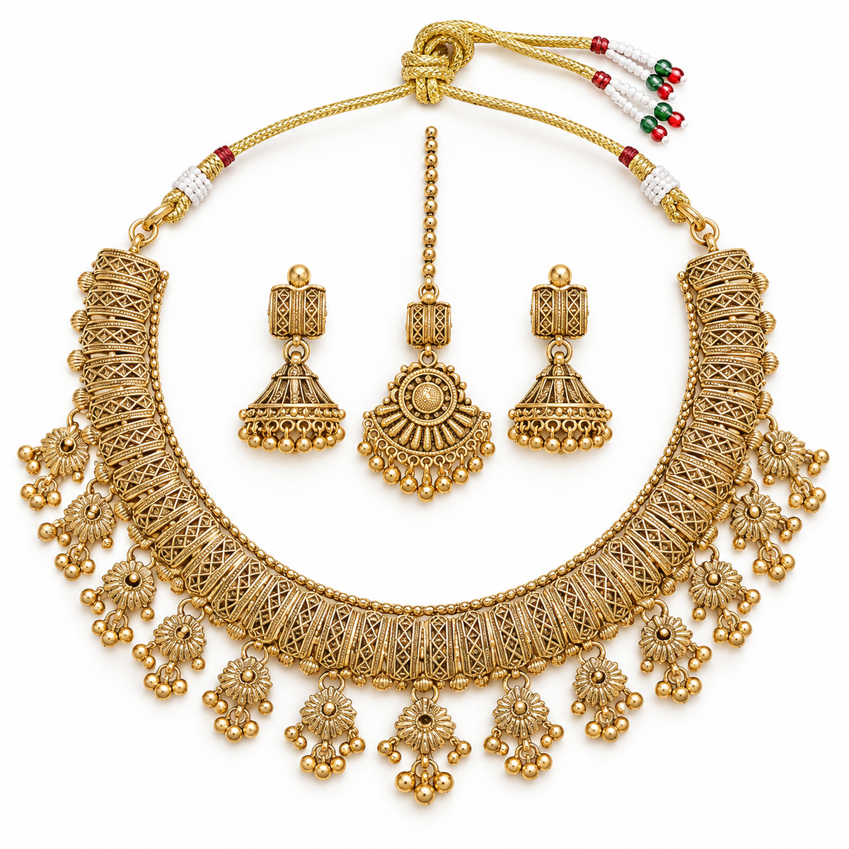Antique Gold Temple Necklace Set with Jhumka Earrings