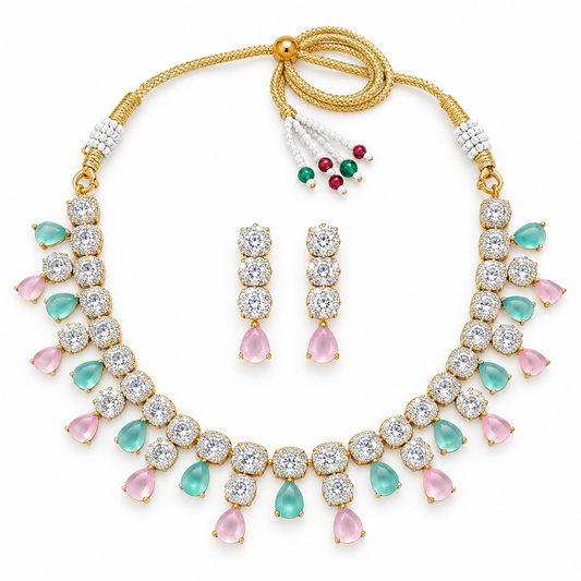 Aqua Pink Crystal Drops Necklace Set With Earrings