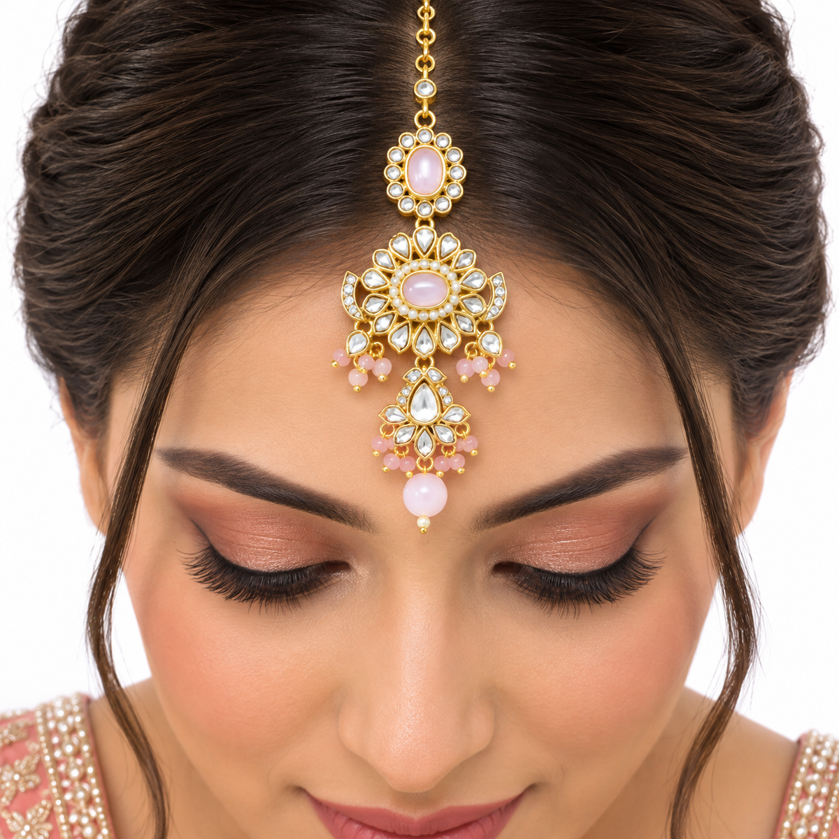 Pink Pearl Kundan Necklace Set With Elegant Tikka