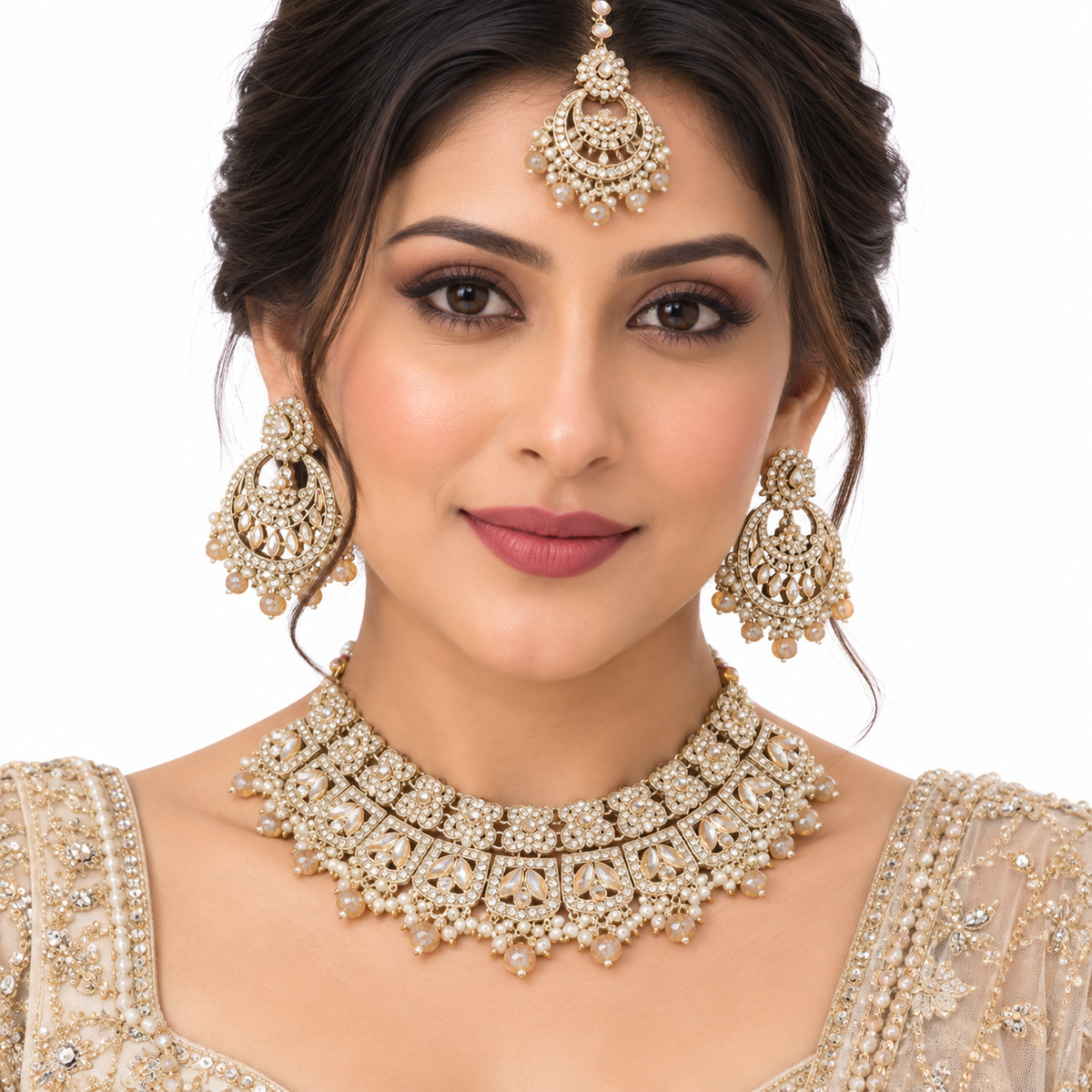 Champagne Kundan Pearl Necklace Set With Drop Earrings