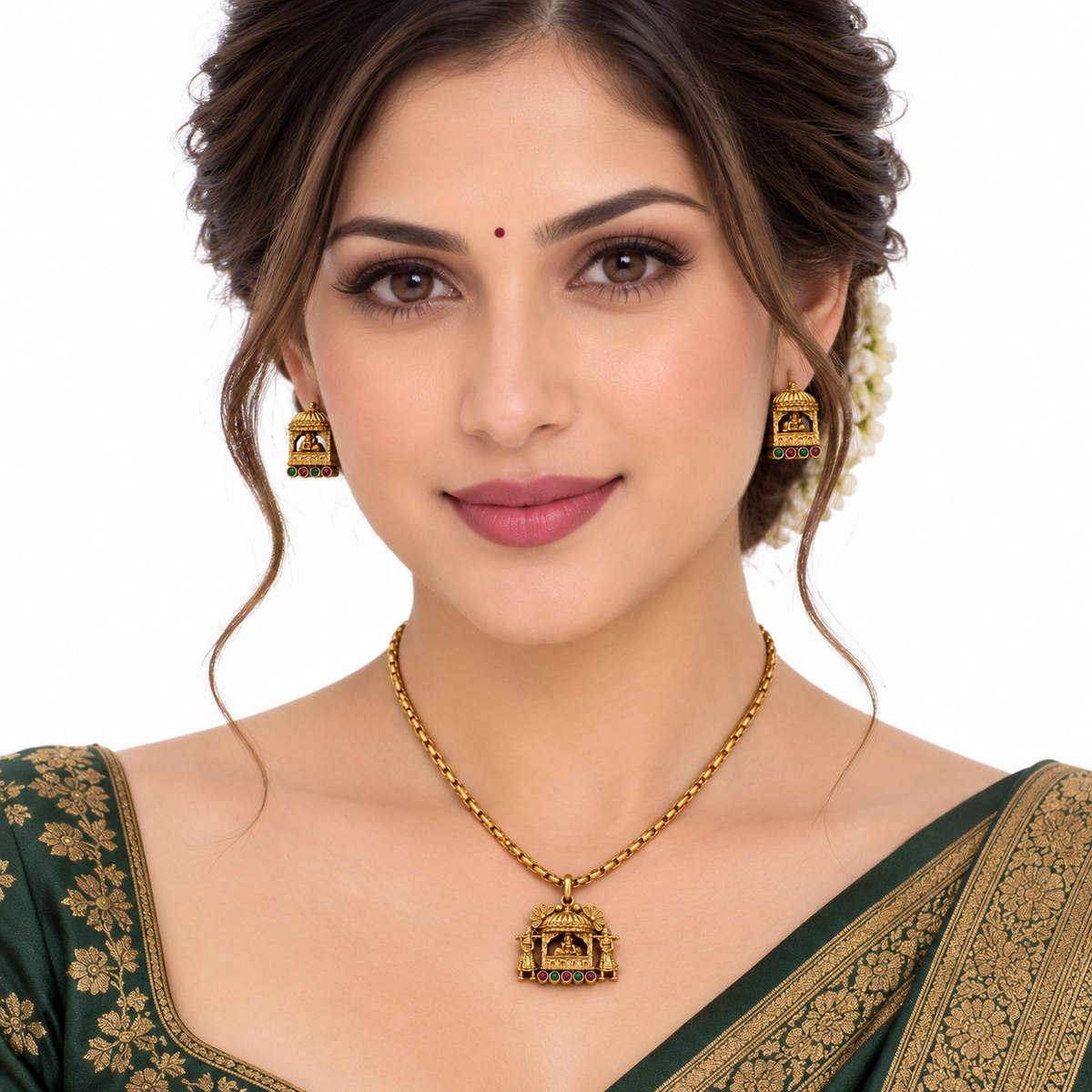 Temple Motif Gold Necklace Set With Pendant Earrings