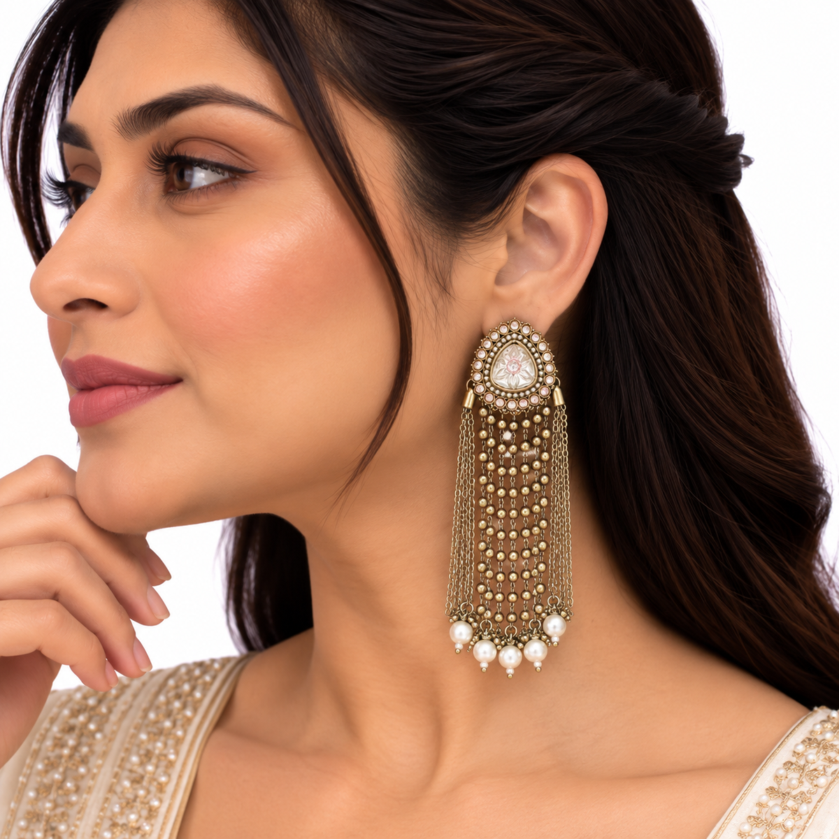 Gold Pearl Beaded Chain Drop Earrings for Women