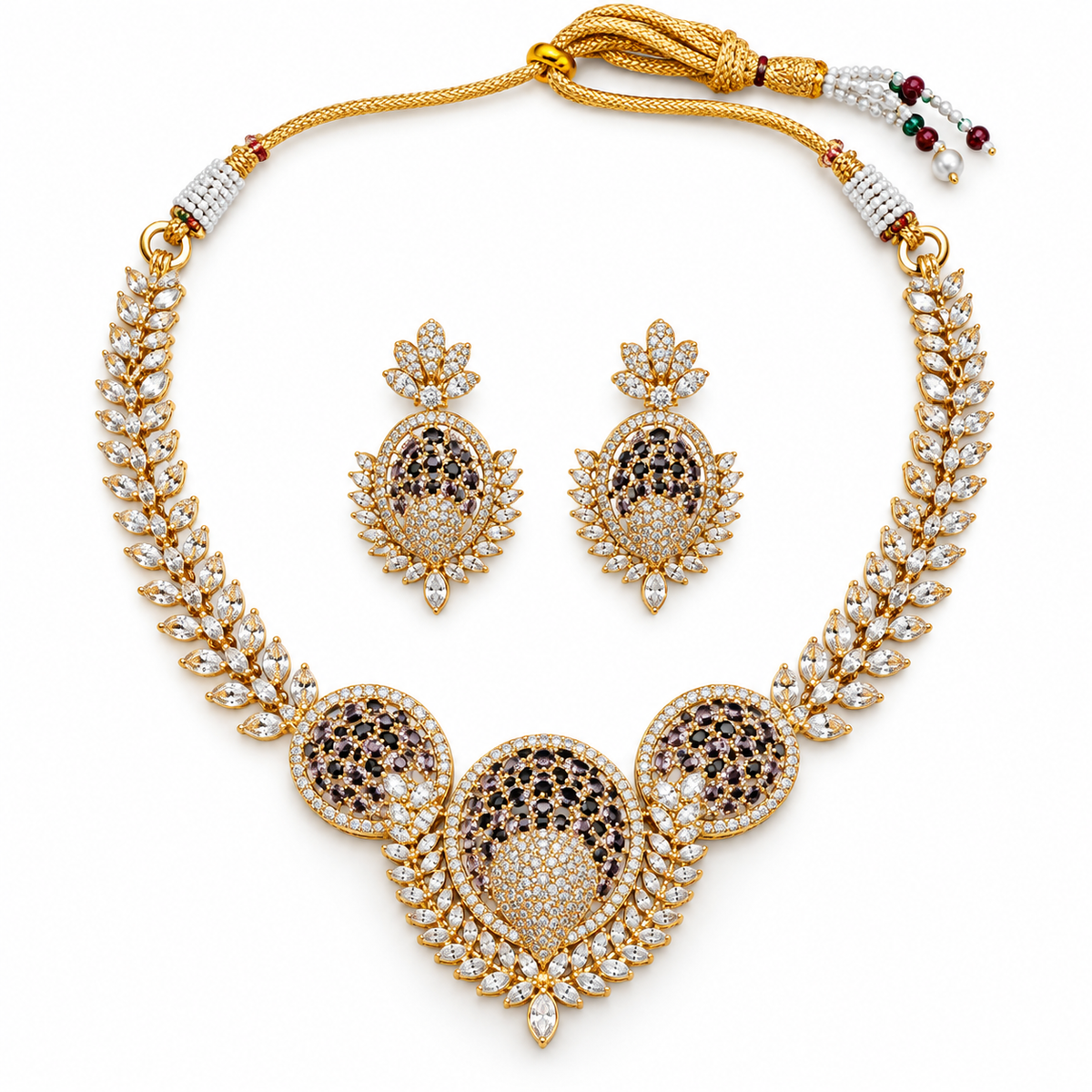 Black Stone Leaf Necklace Set with Floral Earrings