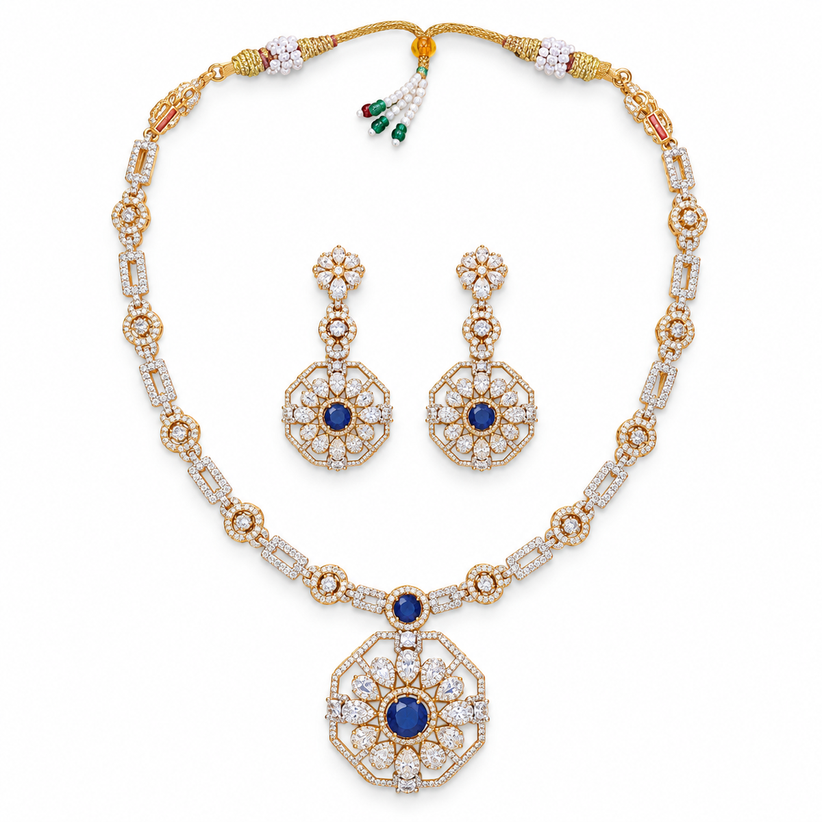 Blue Stone Floral Necklace Set with Crystal Earrings