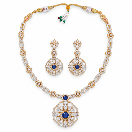 Blue Stone Floral Necklace Set with Crystal Earrings