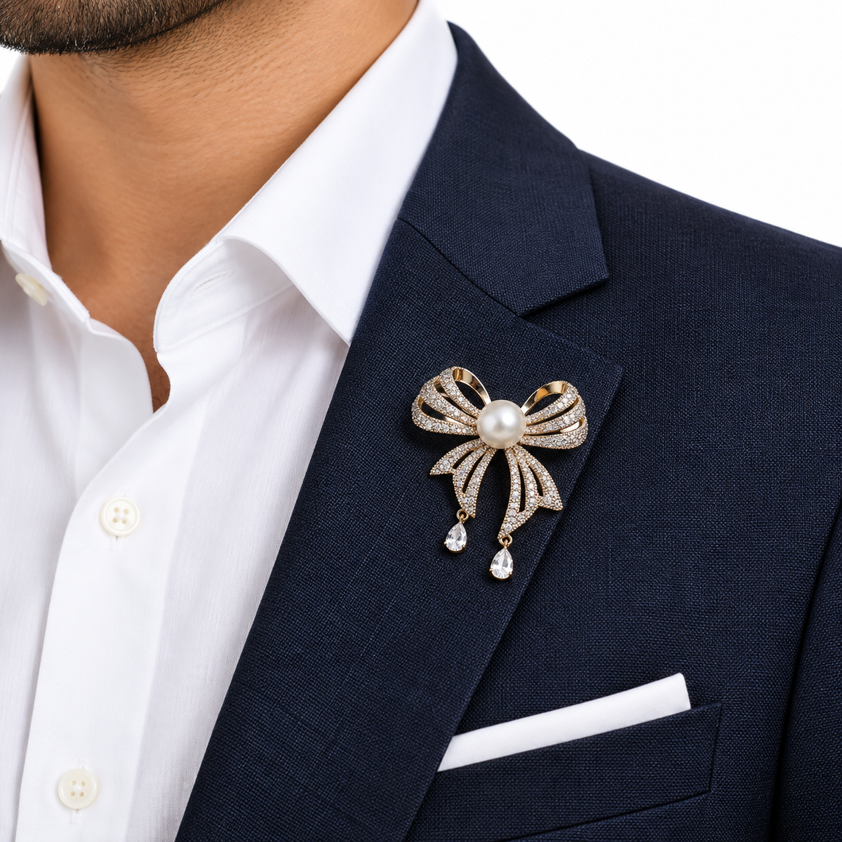 Elegant Gold Bow Pearl Crystal Brooch