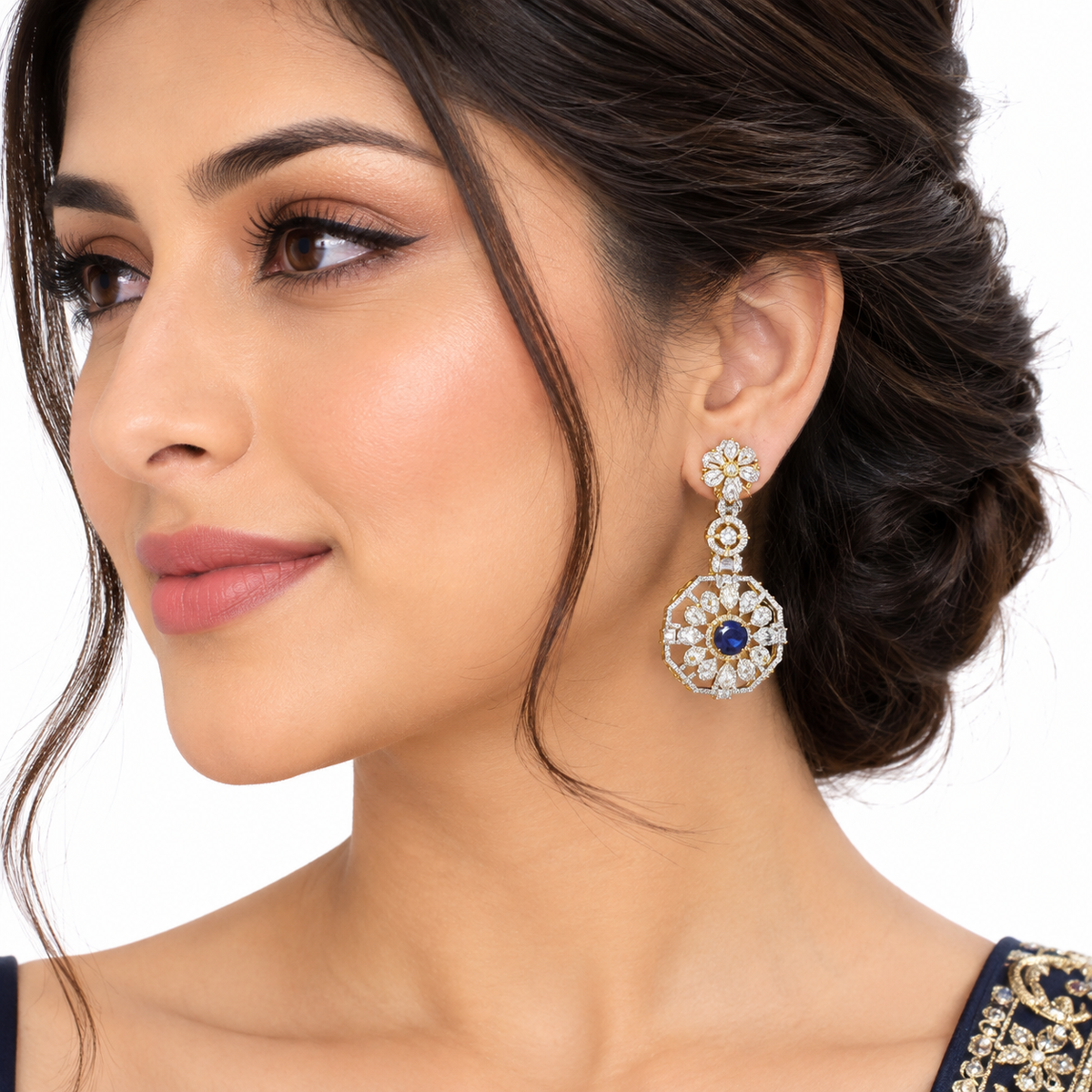 Blue Stone Floral Necklace Set with Crystal Earrings