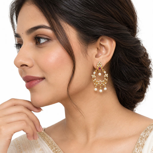 Gold Pearl Ruby Crystal Chandelier Drop Earrings