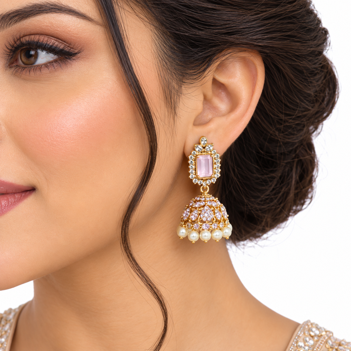 Pink Stone Pearl Kundan Necklace Set With Earrings