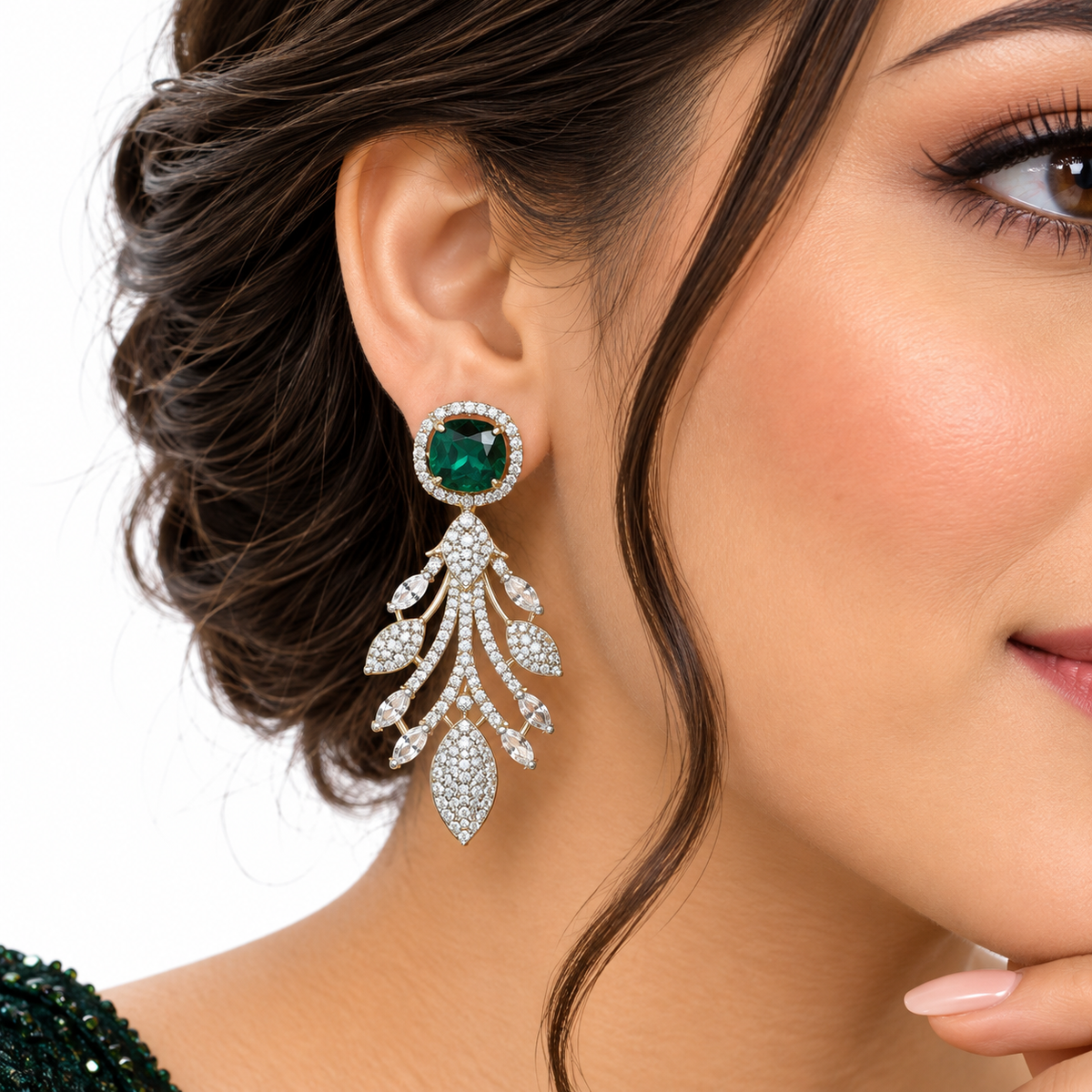 Emerald Green Floral Crystal Necklace Set With Earrings
