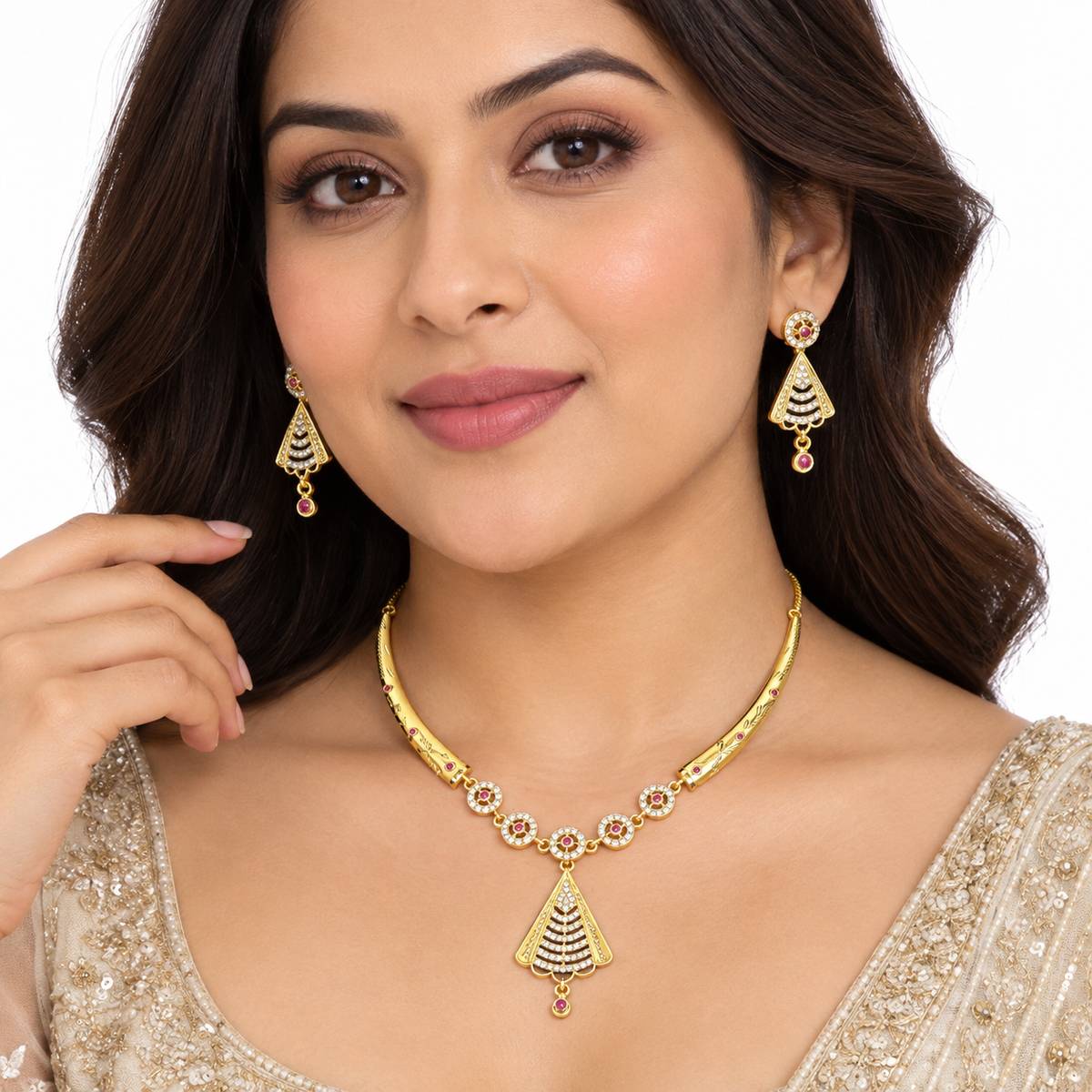 Elegant Ruby Gold Necklace Set With Triangle Earrings