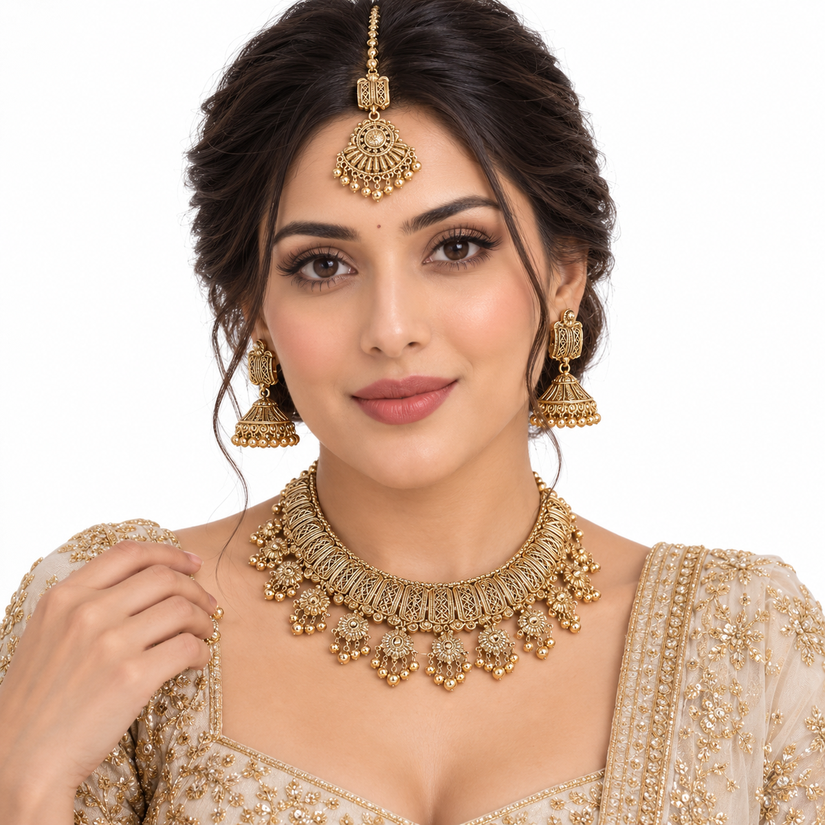 Antique Gold Temple Necklace Set with Jhumka Earrings