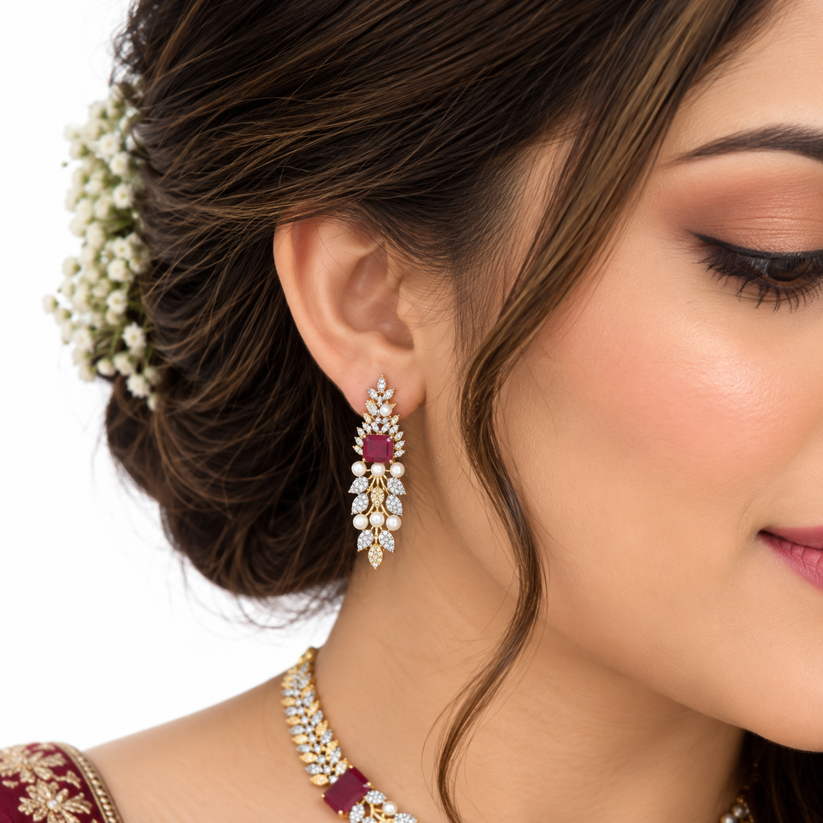 Pearl Ruby Gold Necklace Set With Leaf Design Earrings