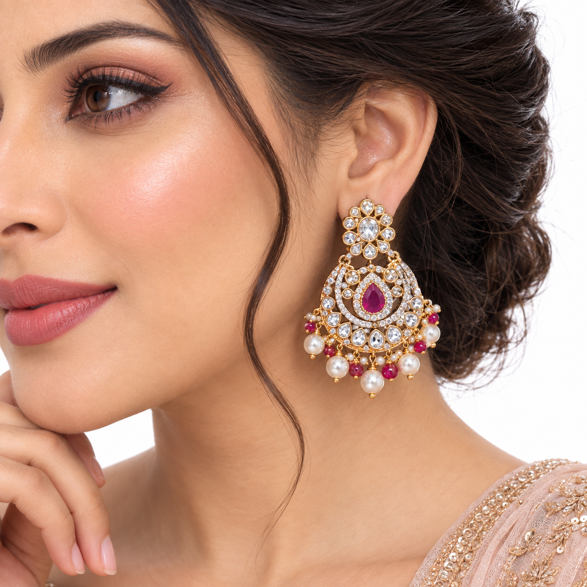 Ruby Kundan Choker Necklace Set with Pearl Earrings