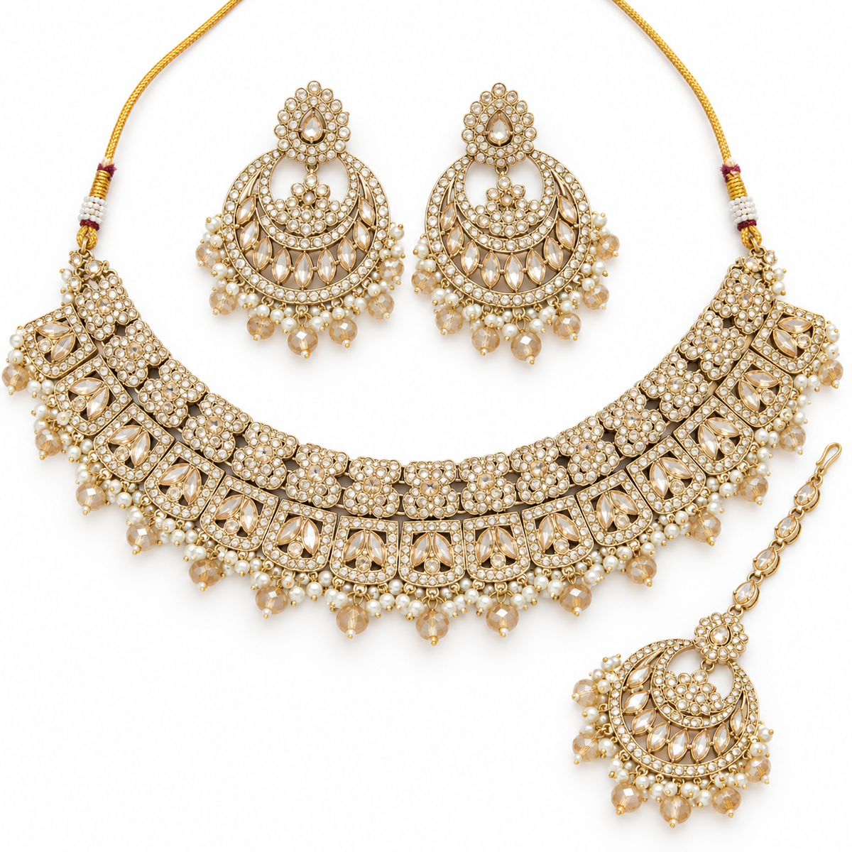 Champagne Kundan Pearl Necklace Set With Drop Earrings