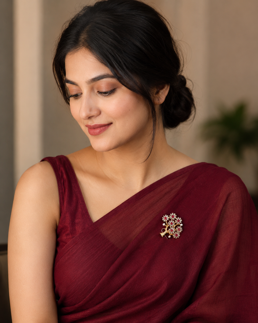 Elegant Gold Floral Ruby Crystal Tree Brooch