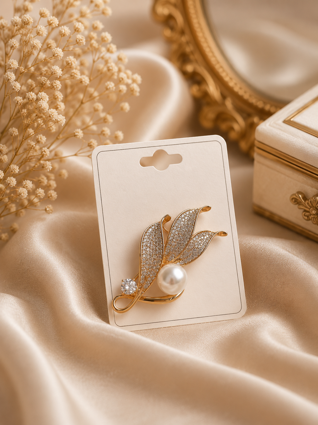 Elegant Gold Leaf Pearl Crystal Brooch