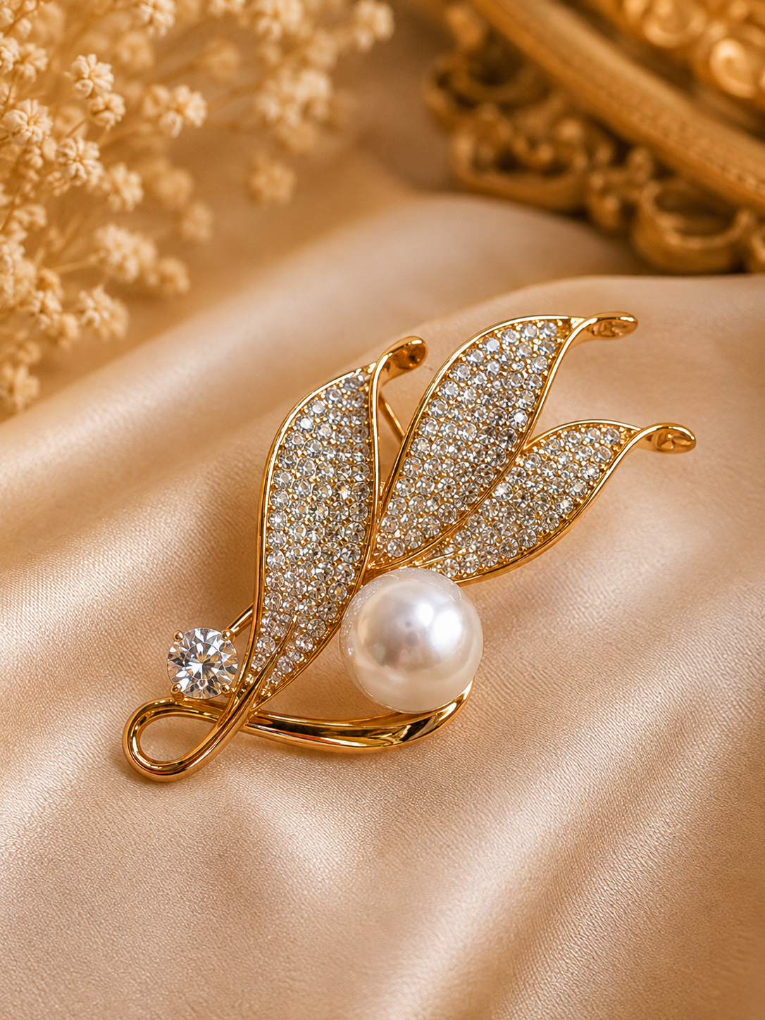 Elegant Gold Leaf Pearl Crystal Brooch