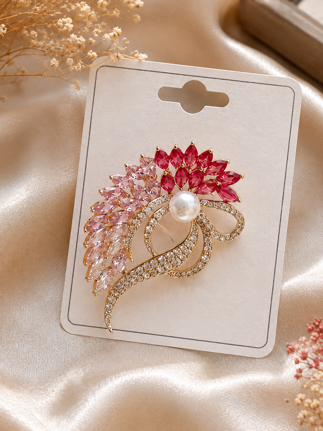 Elegant Pink Crystal Peacock Pearl Brooch