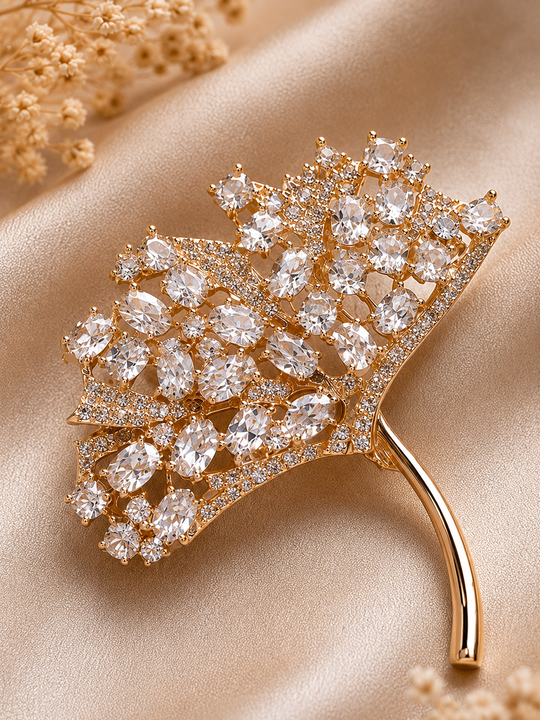 Elegant Gold Crystal Floral Leaf Brooch