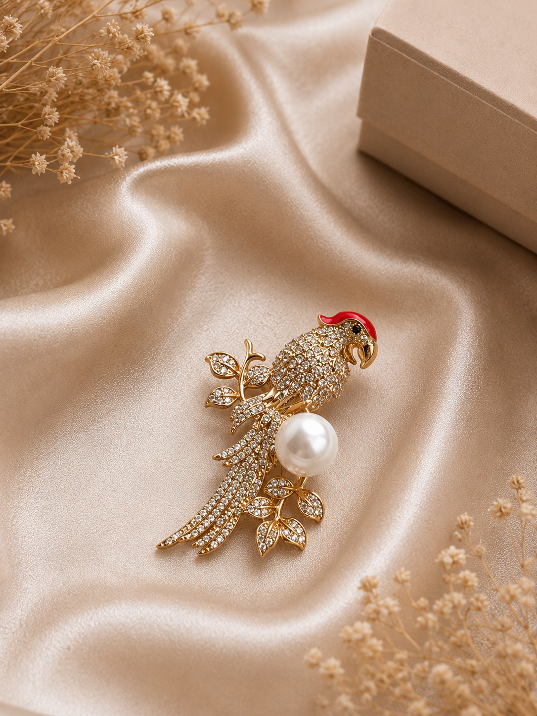 Elegant Gold Parrot Pearl Crystal Brooch