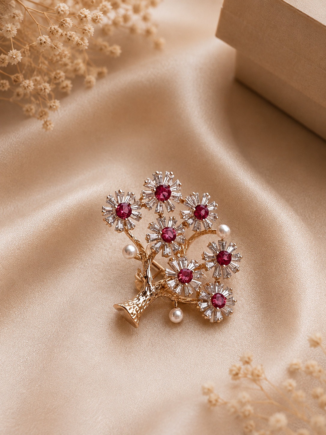 Elegant Gold Floral Ruby Crystal Tree Brooch