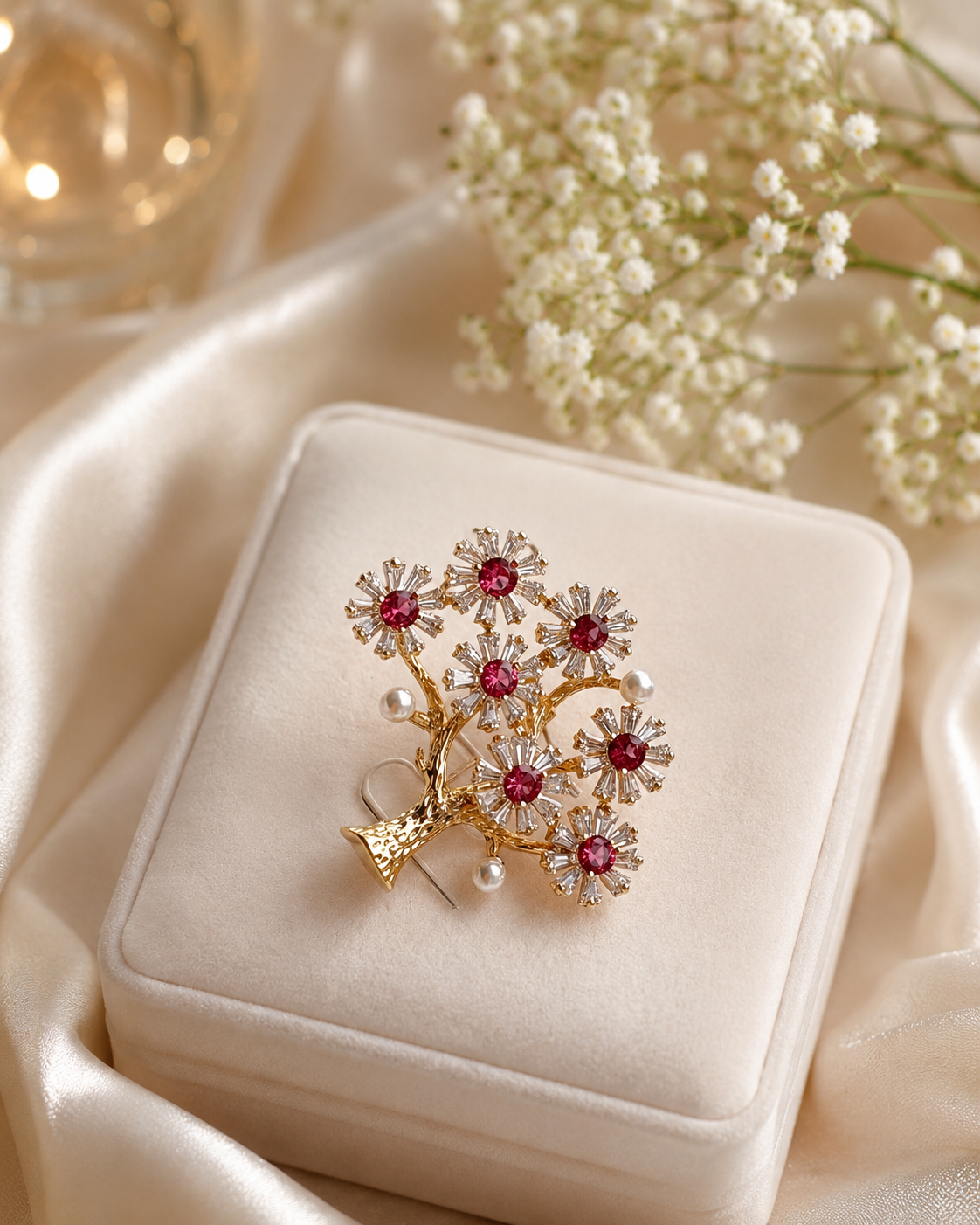 Elegant Gold Floral Ruby Crystal Tree Brooch