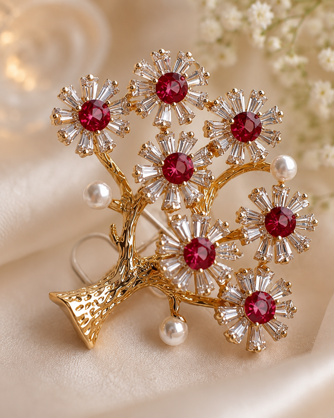 Elegant Gold Floral Ruby Crystal Tree Brooch