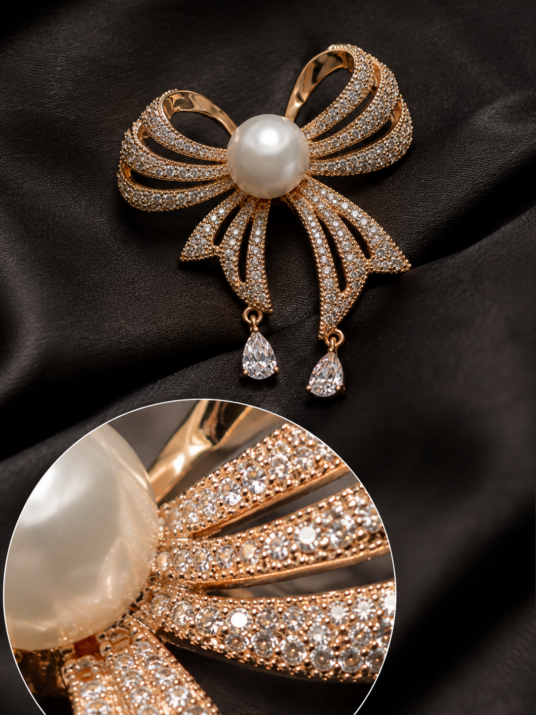 Elegant Gold Bow Pearl Crystal Brooch