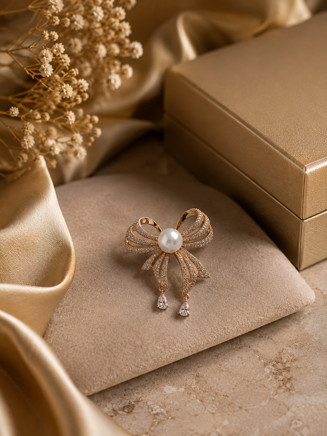 Elegant Gold Bow Pearl Crystal Brooch
