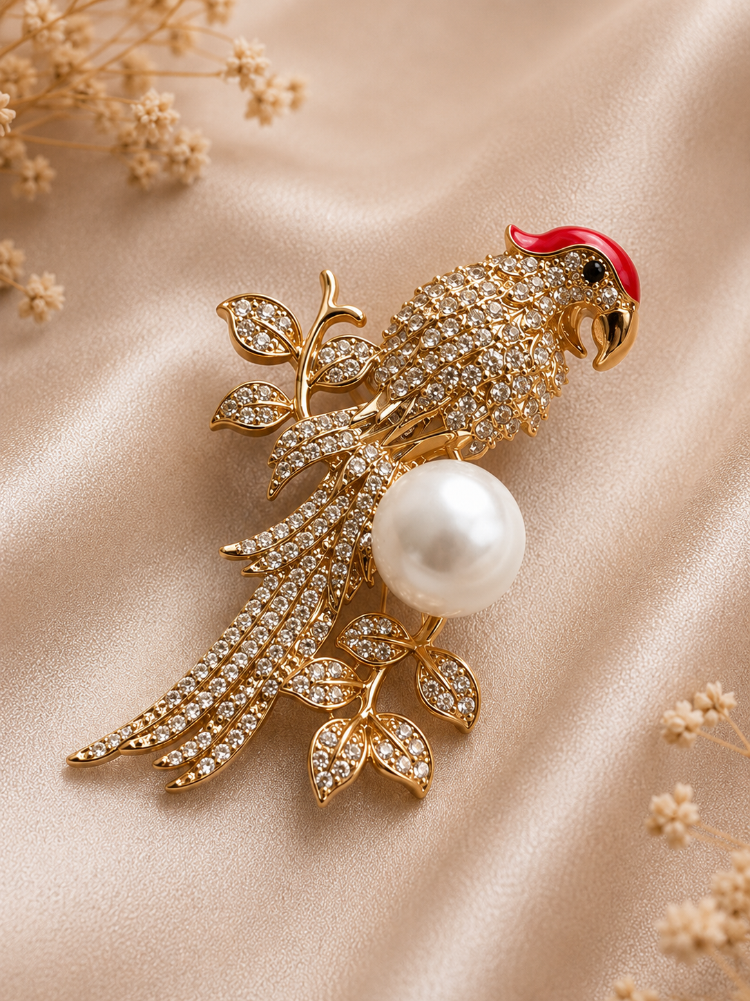 Elegant Gold Parrot Pearl Crystal Brooch