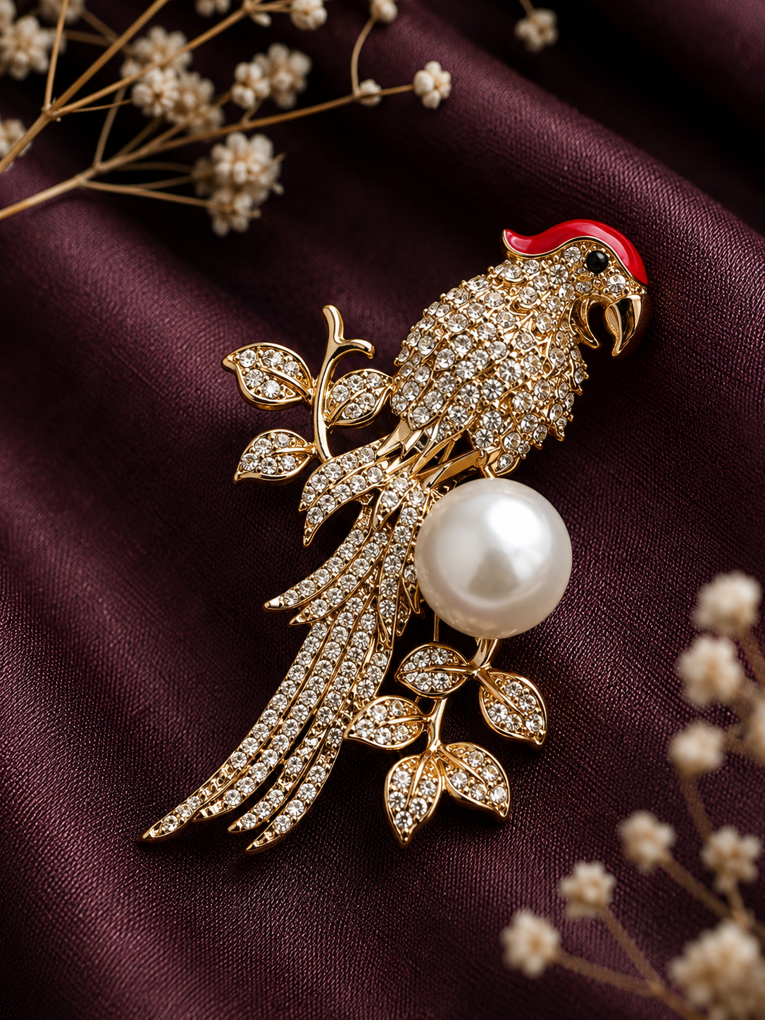 Elegant Gold Parrot Pearl Crystal Brooch