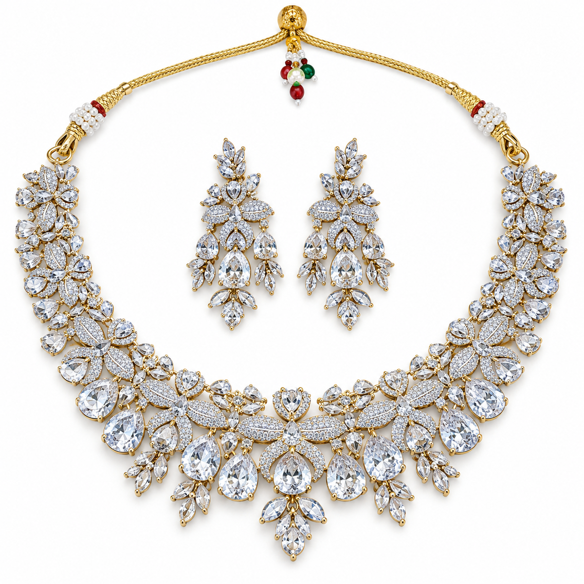 Crystal Floral Gold Necklace Set With Drop Earrings