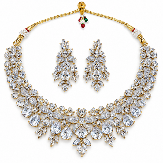 Crystal Floral Gold Necklace Set With Drop Earrings
