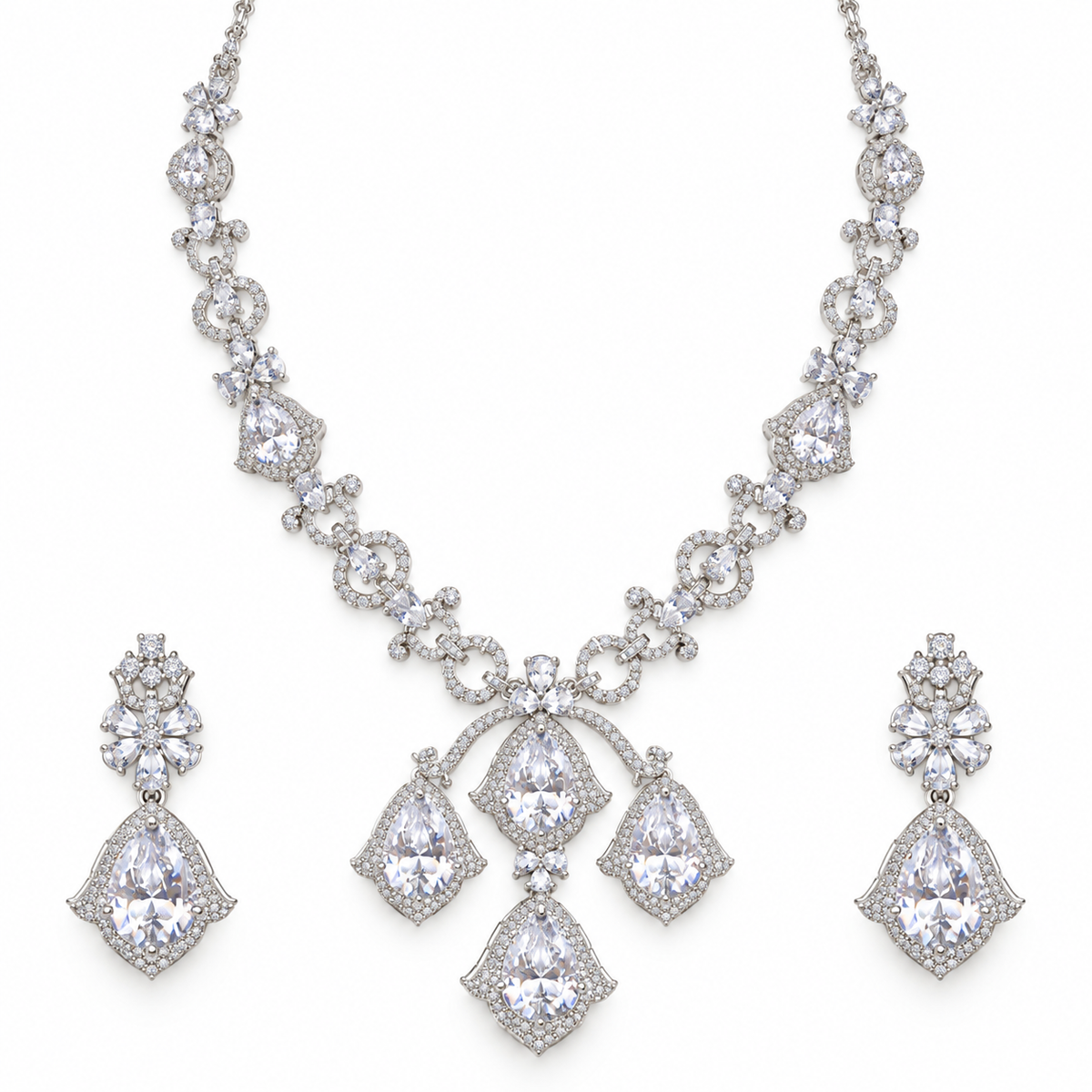 Crystal Silver Floral Necklace Set With Drop Earrings