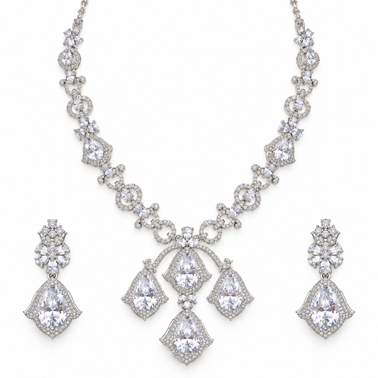Crystal Silver Floral Necklace Set With Drop Earrings