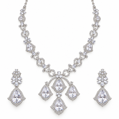 Crystal Silver Floral Necklace Set With Drop Earrings