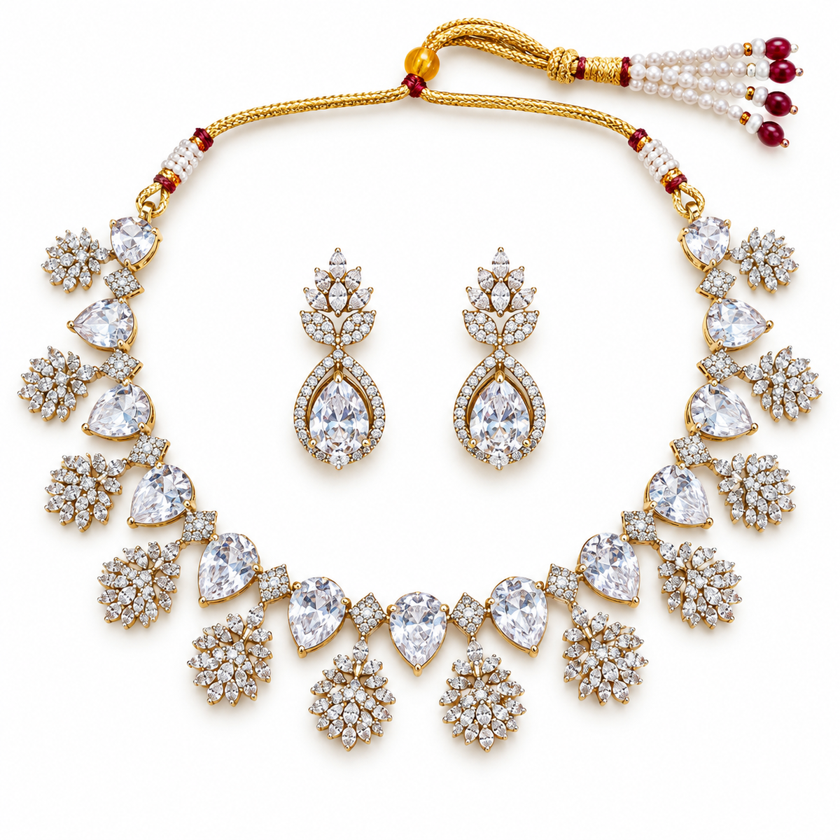 Crystal Teardrop Floral Necklace Set With Earrings