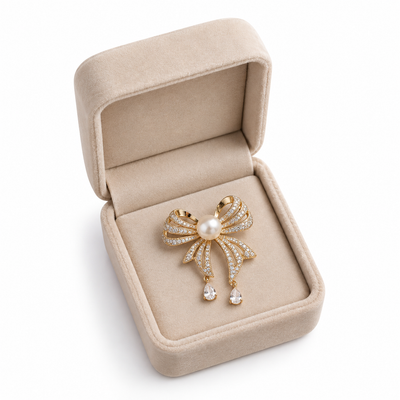 Elegant Gold Bow Pearl Crystal Brooch