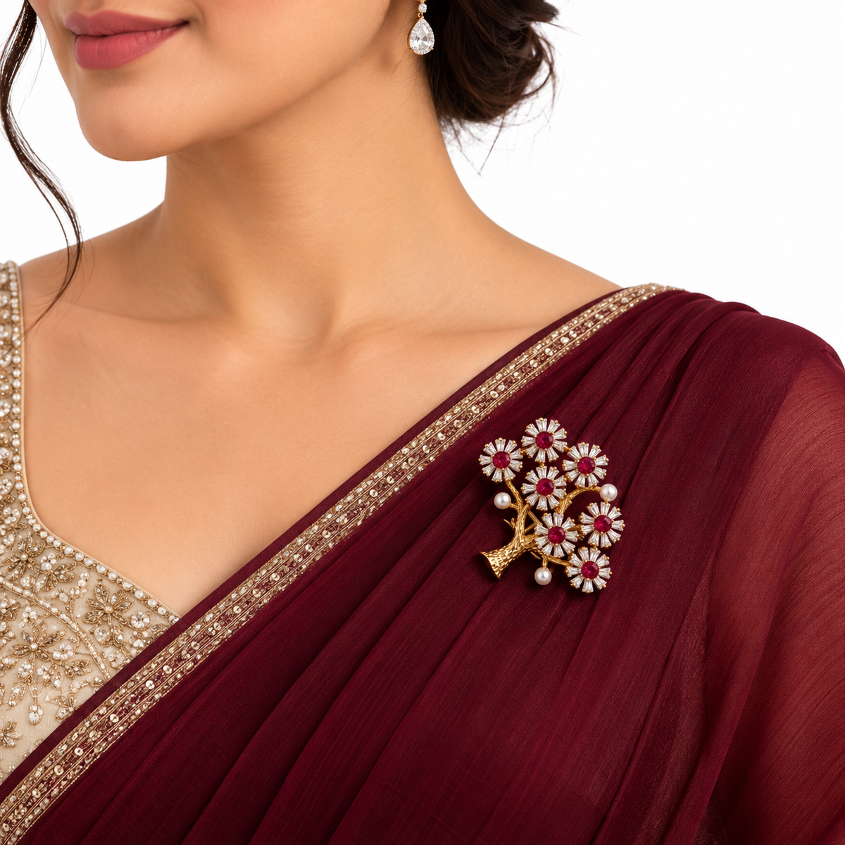 Elegant Gold Floral Ruby Crystal Tree Brooch
