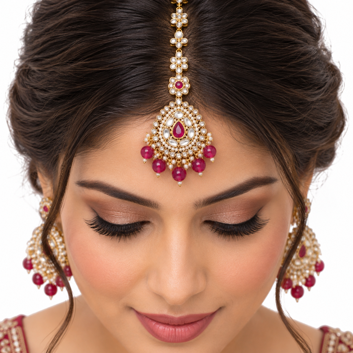 Ruby Pearl Kundan Necklace Set With Matching Tikka