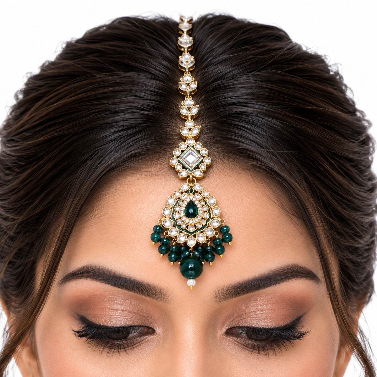 Green Bead Pearl Kundan Necklace Set with Maang Tikka
