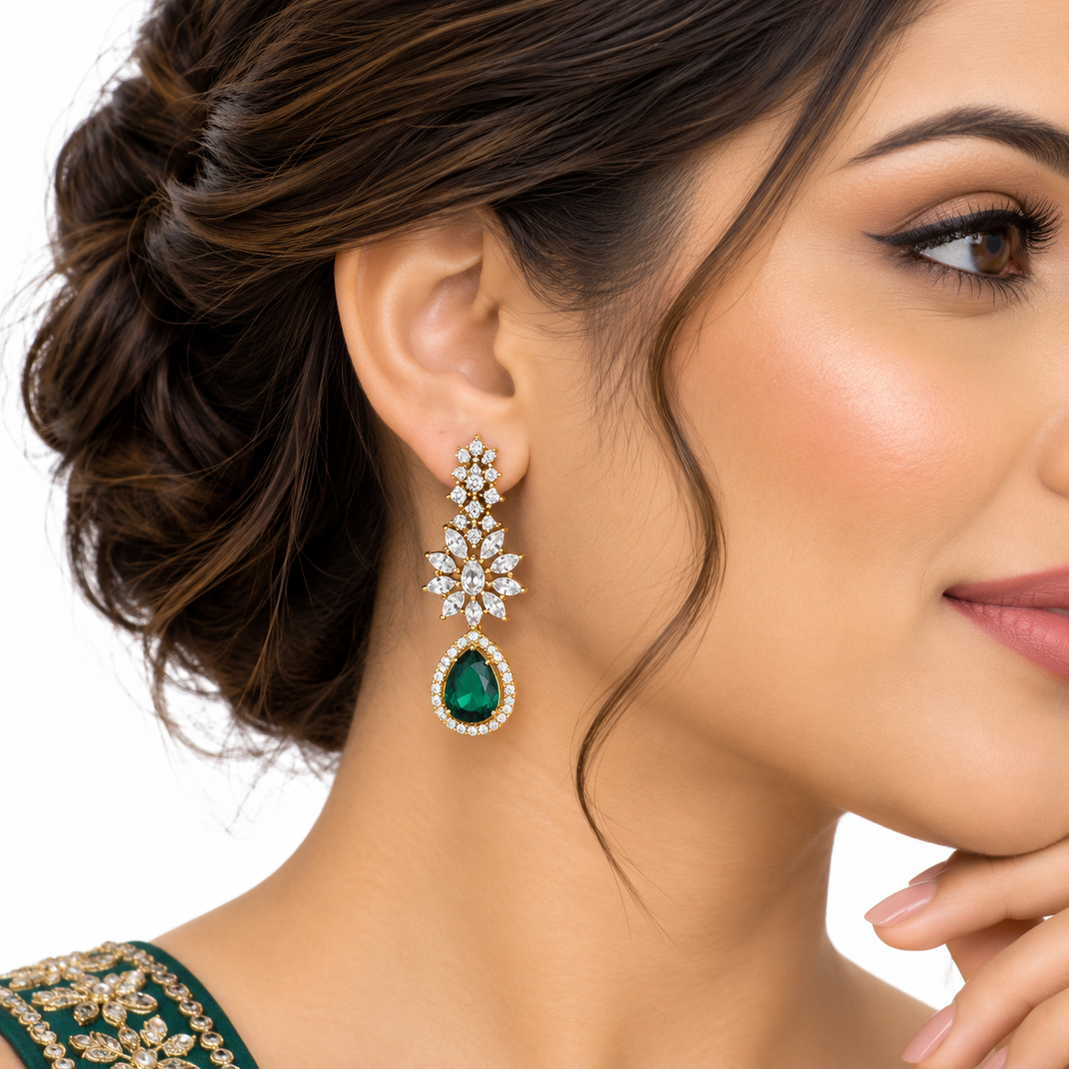 Emerald Floral Necklace Set with Crystal Drop Earrings