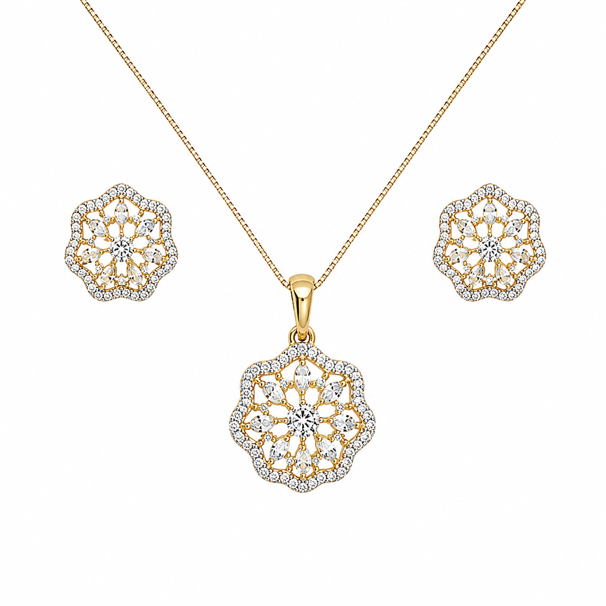 Gold Floral Medallion Crystal Necklace Set for Women