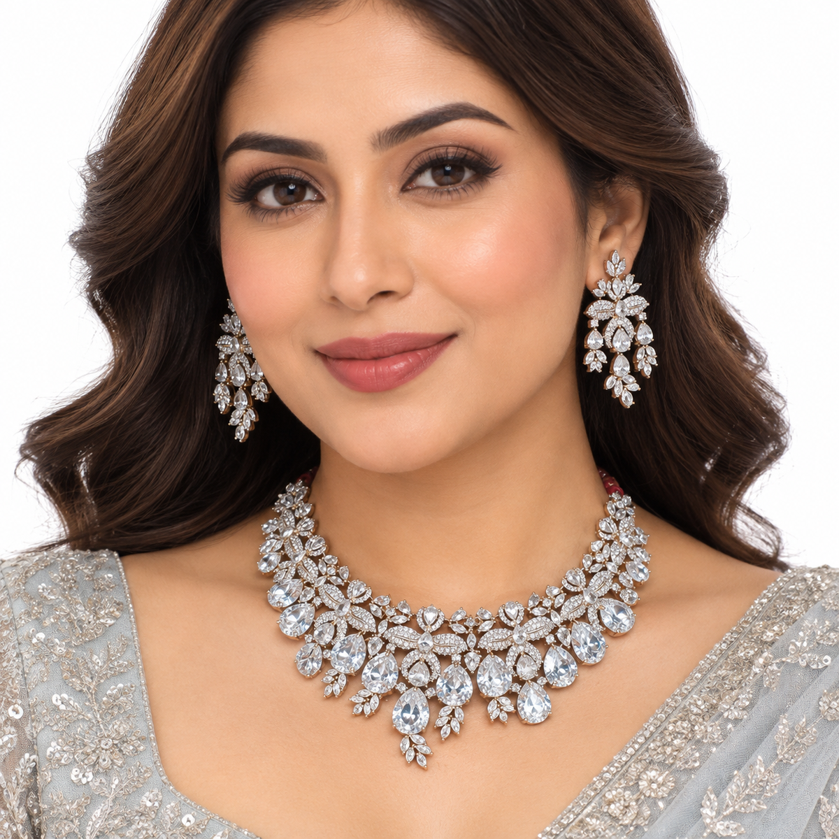 Crystal Floral Gold Necklace Set With Drop Earrings